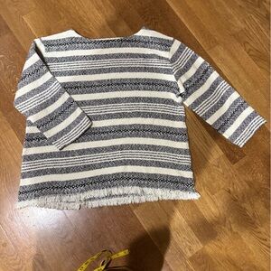 Eileen Fisher Organic Cotton Stripe Fringe Thick 3/4 Sleeve Boxy Sweater M soft